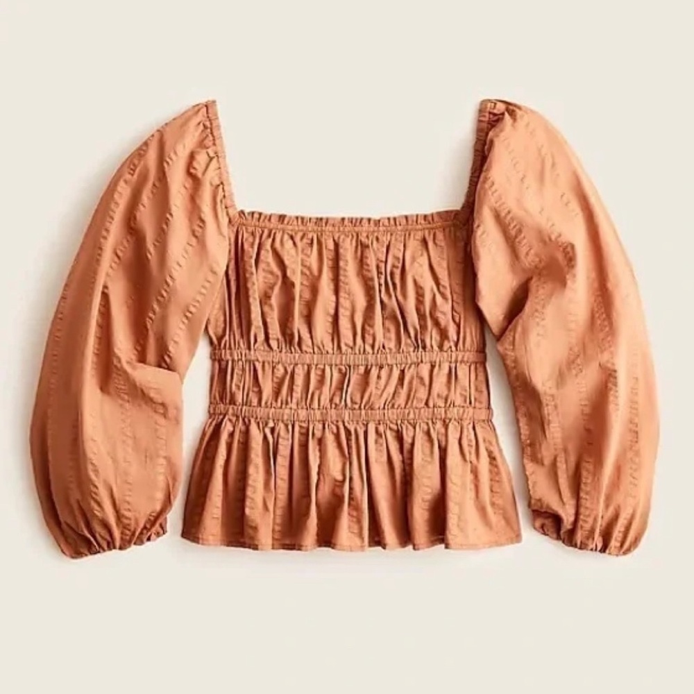 J.Crew Puff-sleeve textured cotton top in dark nutmeg